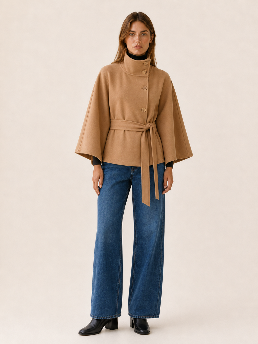 Ulla | Asymmetric Button Cape Sleeve Belted Short Coat