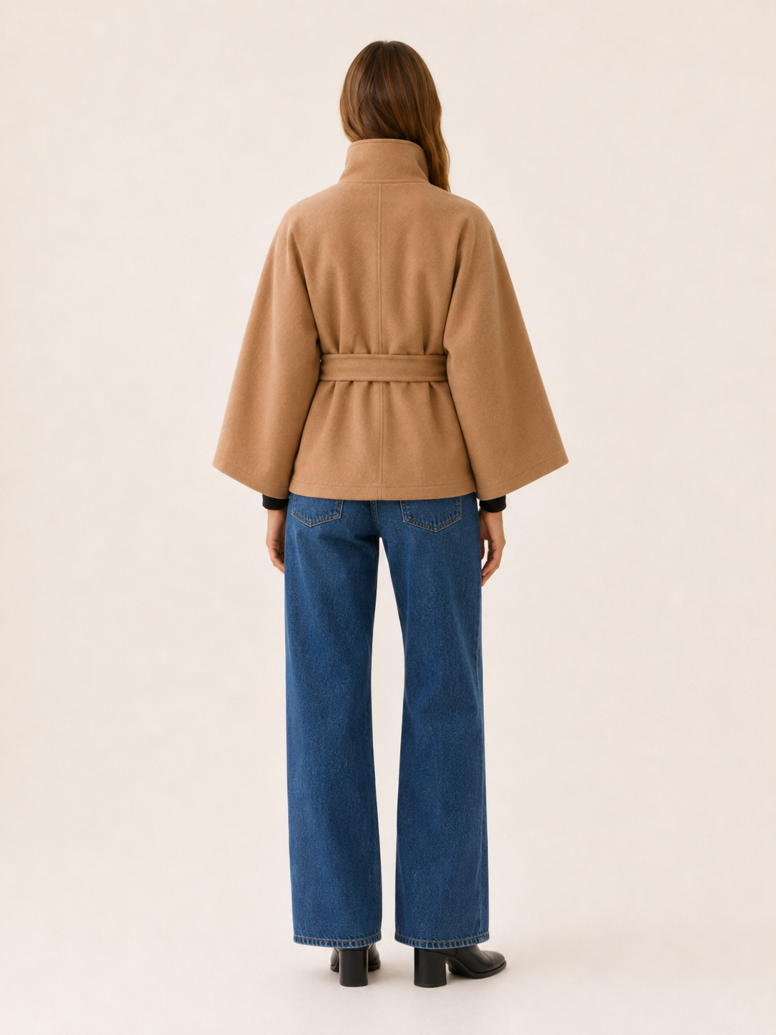 Ulla | Asymmetric Button Cape Sleeve Belted Short Coat - View 2