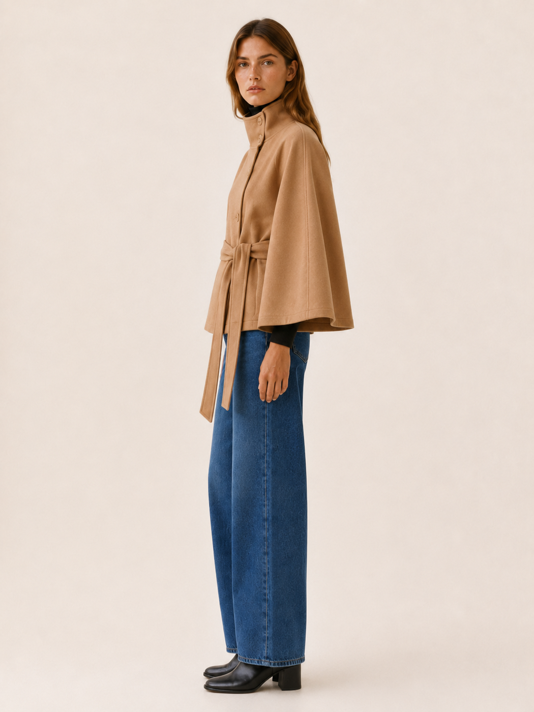 Ulla | Asymmetric Button Cape Sleeve Belted Short Coat - View 3