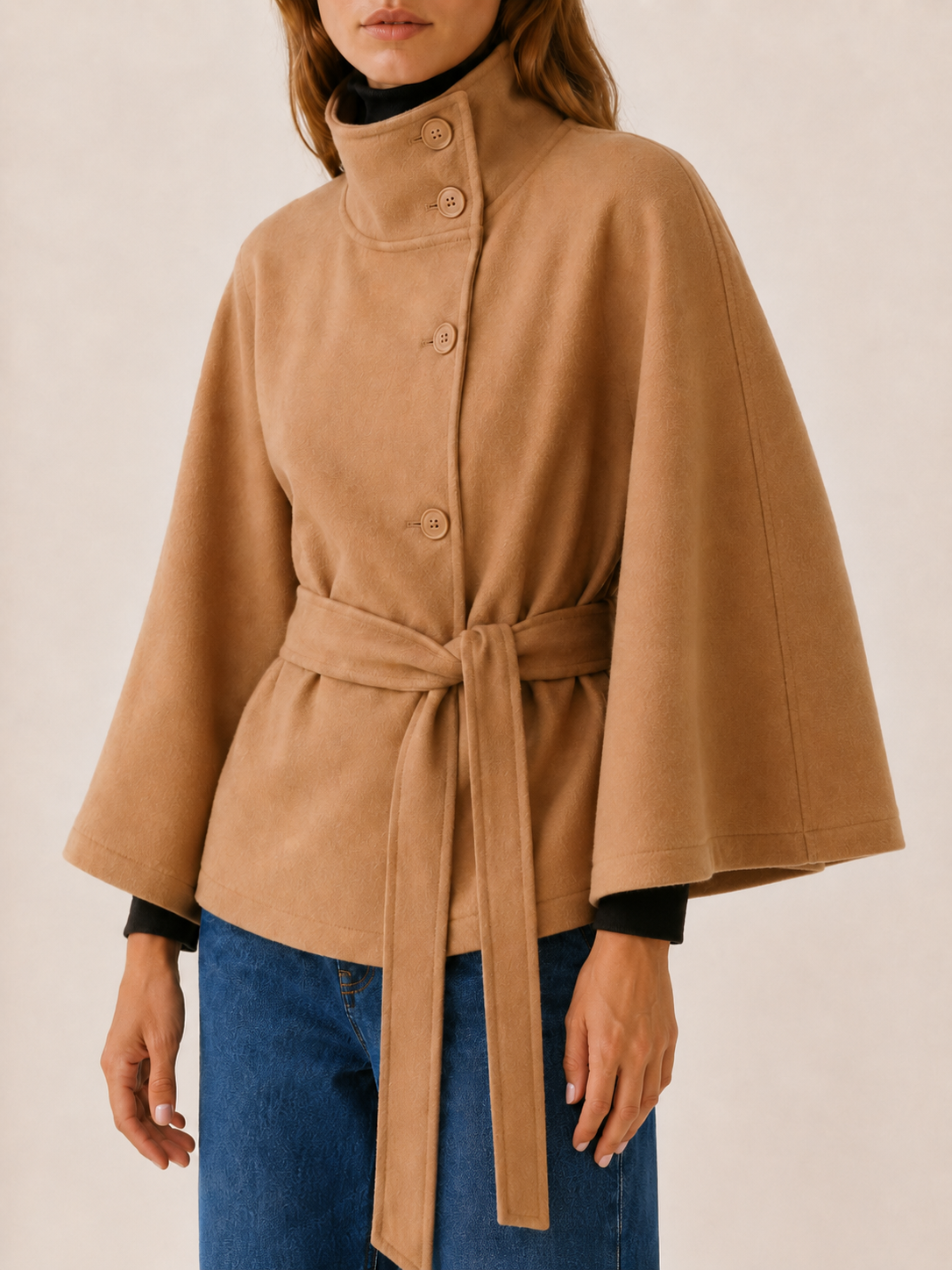 Ulla | Asymmetric Button Cape Sleeve Belted Short Coat - View 4