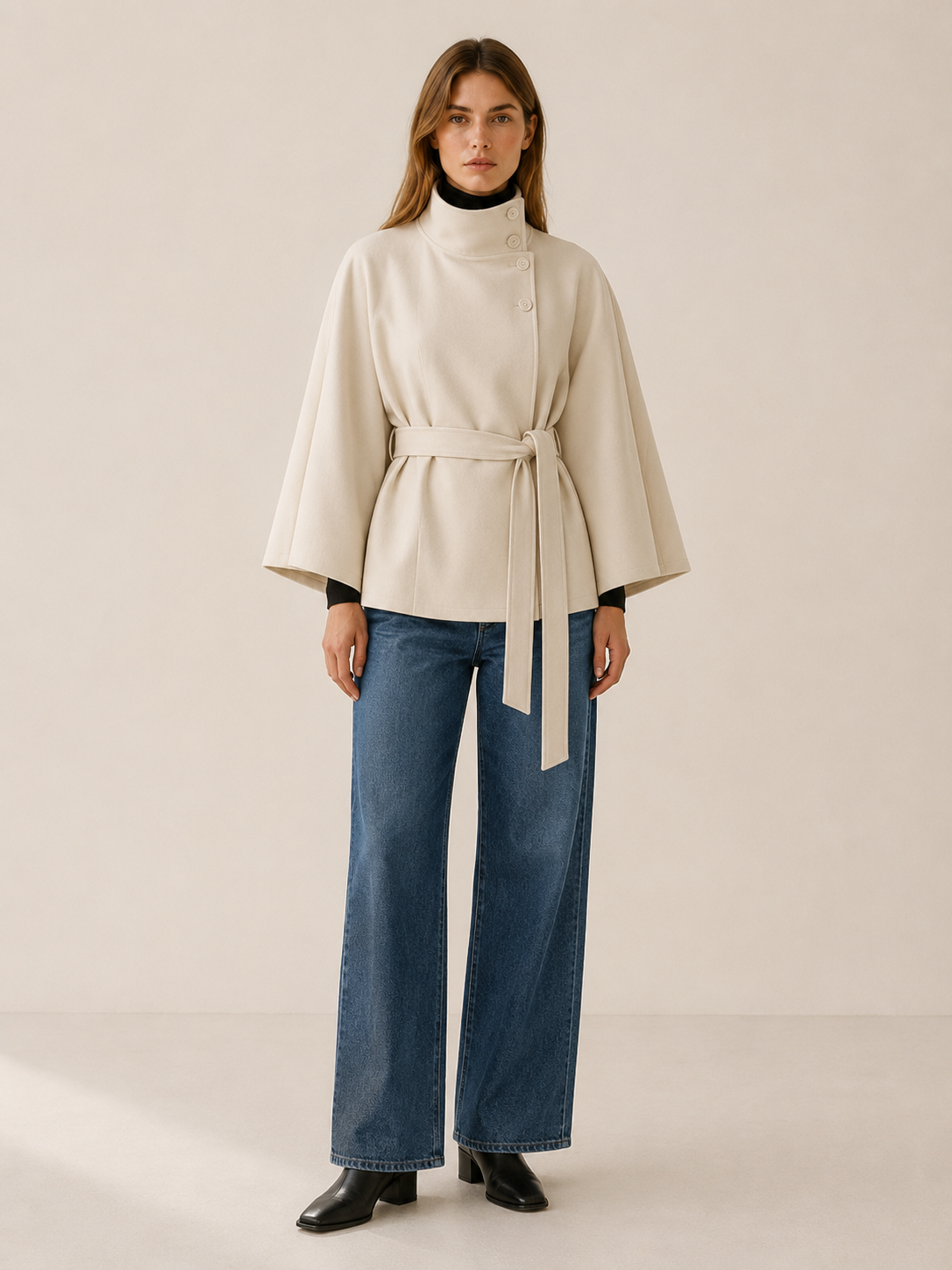 Ulla | Asymmetric Button Cape Sleeve Belted Short Coat - View 5