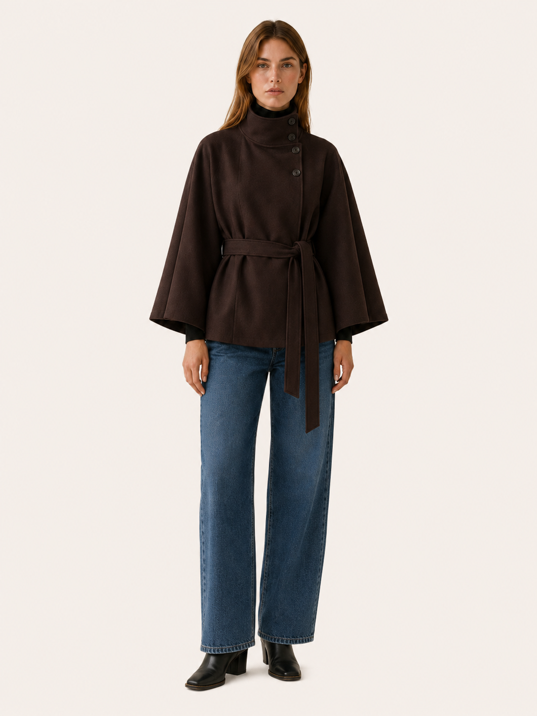 Ulla | Asymmetric Button Cape Sleeve Belted Short Coat - View 6