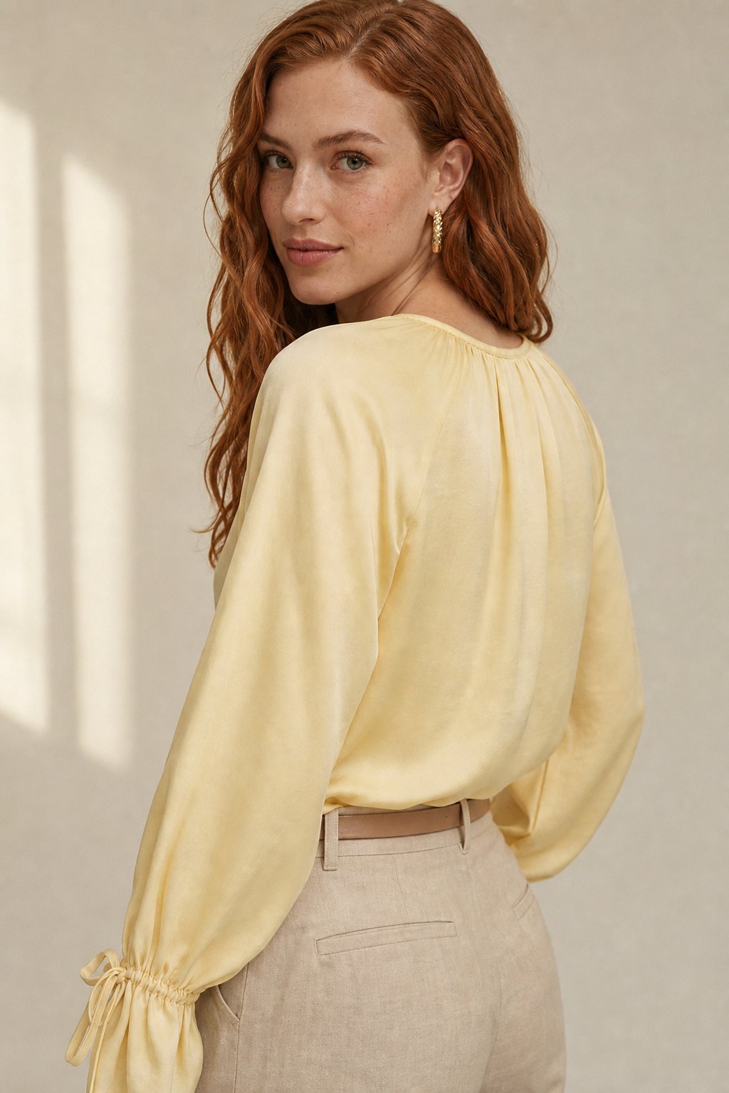 Una | Satin Ruffle Balloon Sleeve Drawstring Cuff Blouse