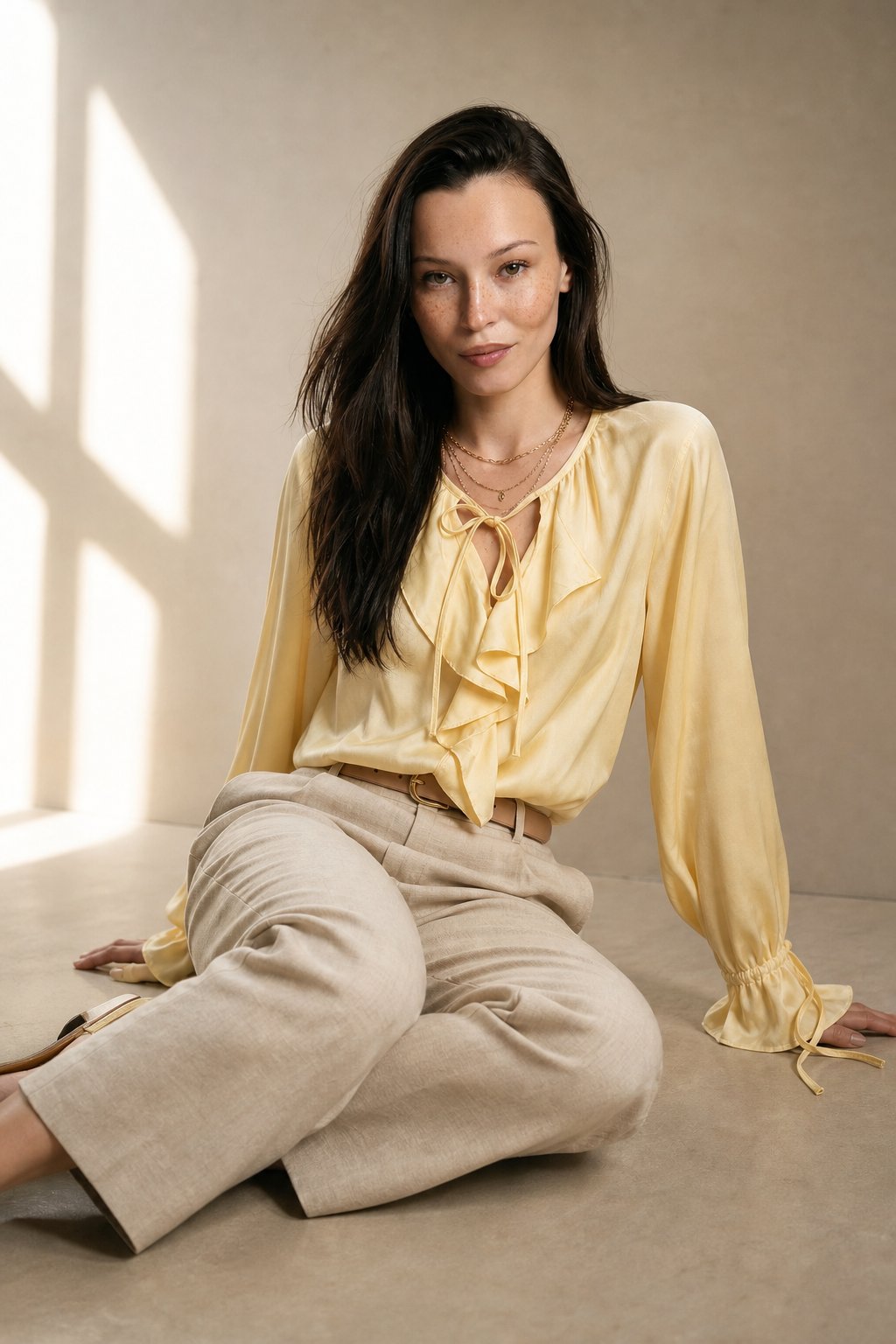 Una | Satin Ruffle Balloon Sleeve Drawstring Cuff Blouse - View 2