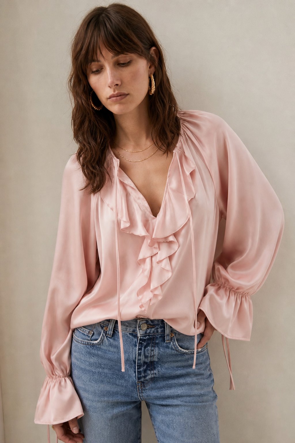 Una | Satin Ruffle Balloon Sleeve Drawstring Cuff Blouse - View 5