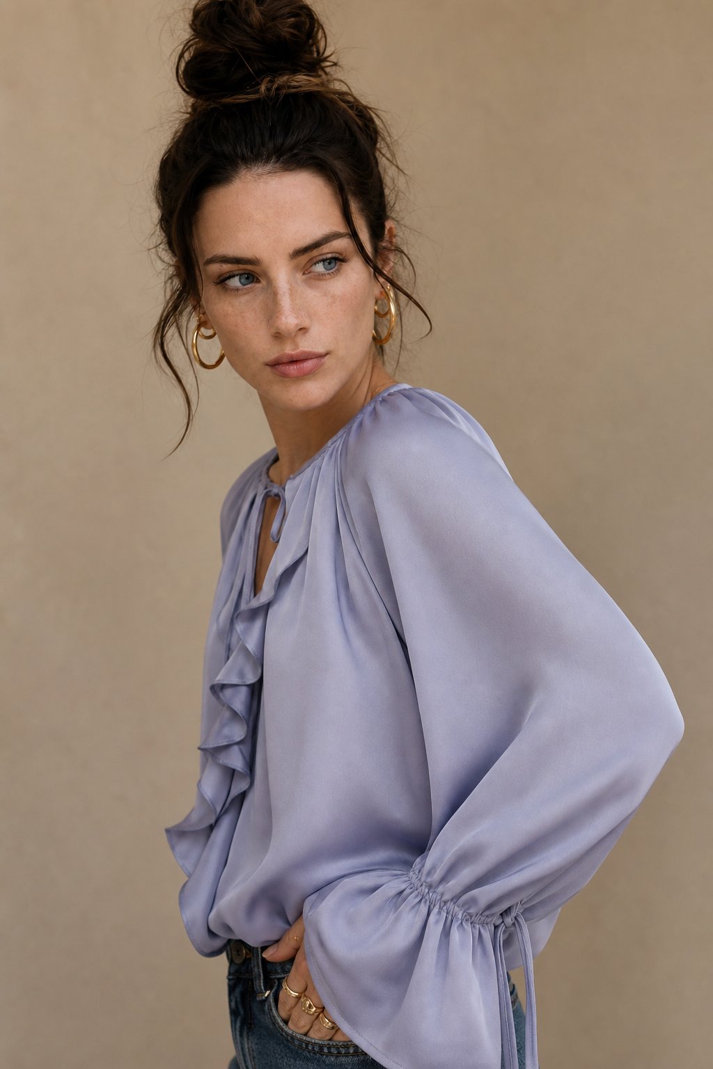 Una | Satin Ruffle Balloon Sleeve Drawstring Cuff Blouse - View 7