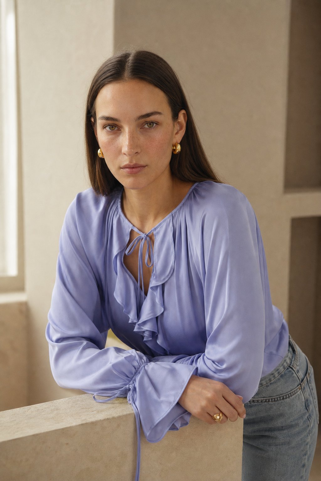 Una | Satin Ruffle Balloon Sleeve Drawstring Cuff Blouse - View 8