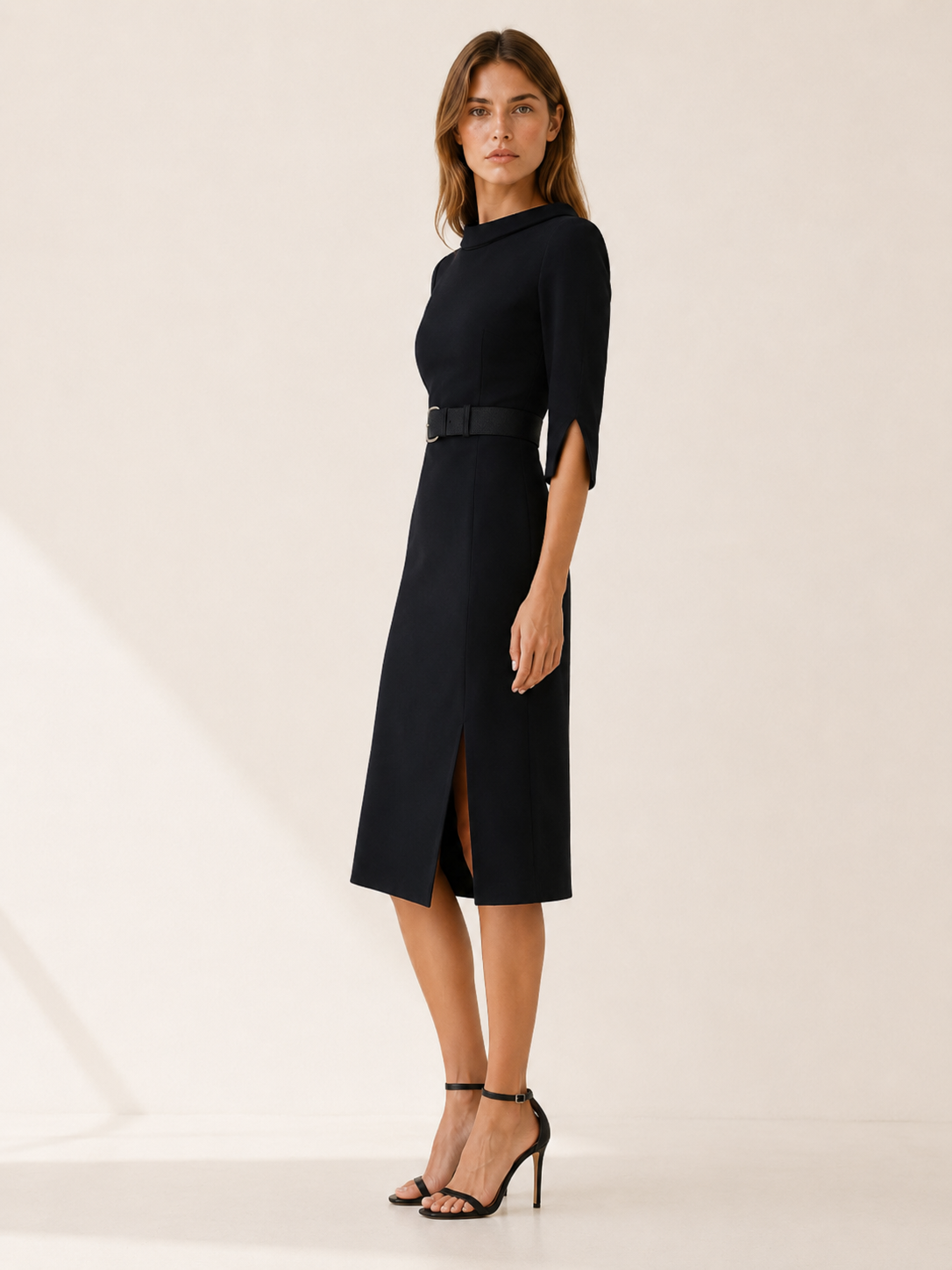 Ursa | Funnel Neck Split Cuff Belted Wrap Midi Dress - View 2