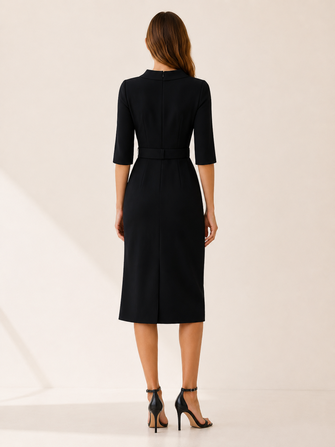 Ursa | Funnel Neck Split Cuff Belted Wrap Midi Dress - View 3