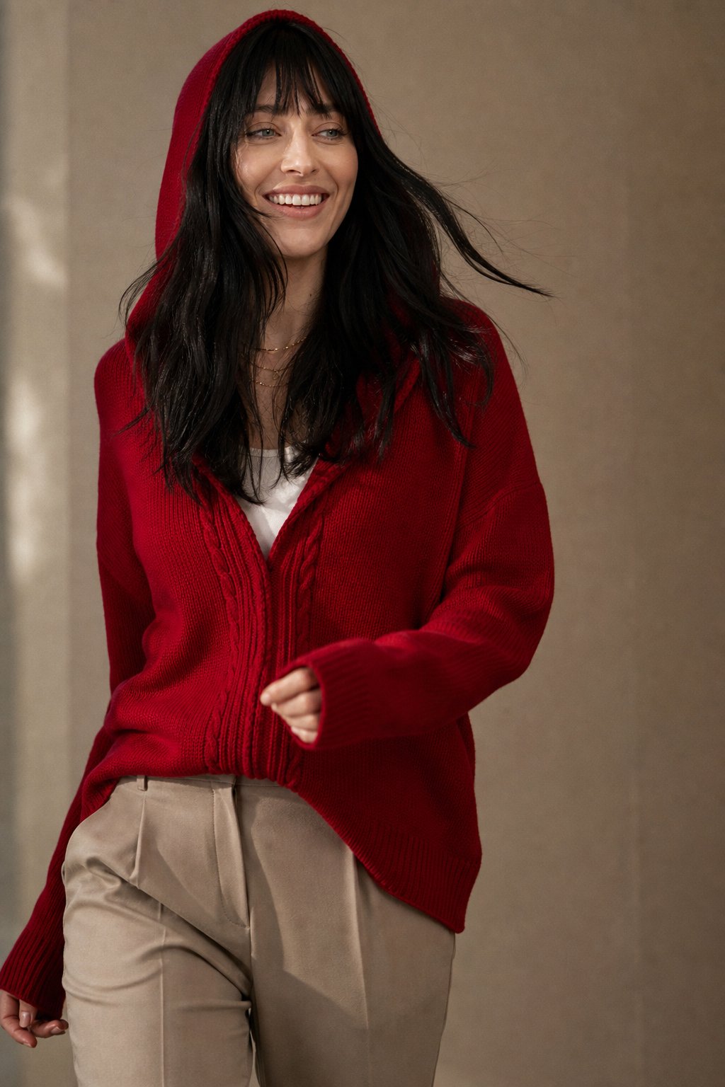 Ursula | Hooded Open Front Cable Trim Cashmere Cardigan