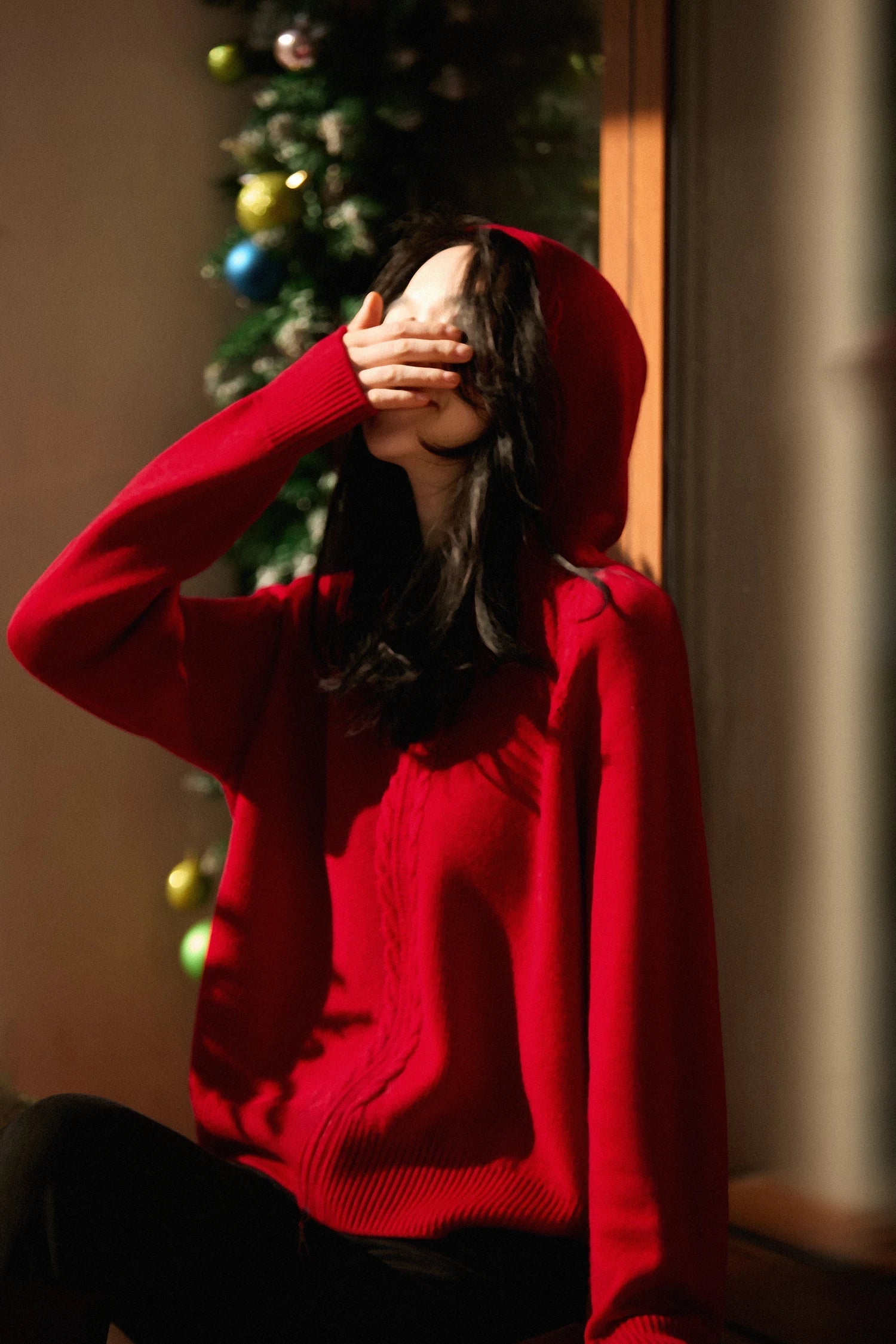Ursula | Hooded Open Front Cable Trim Cashmere Cardigan - View 10