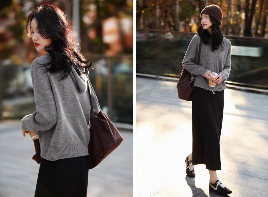 Ursula | Hooded Open Front Cable Trim Cashmere Cardigan - View 11