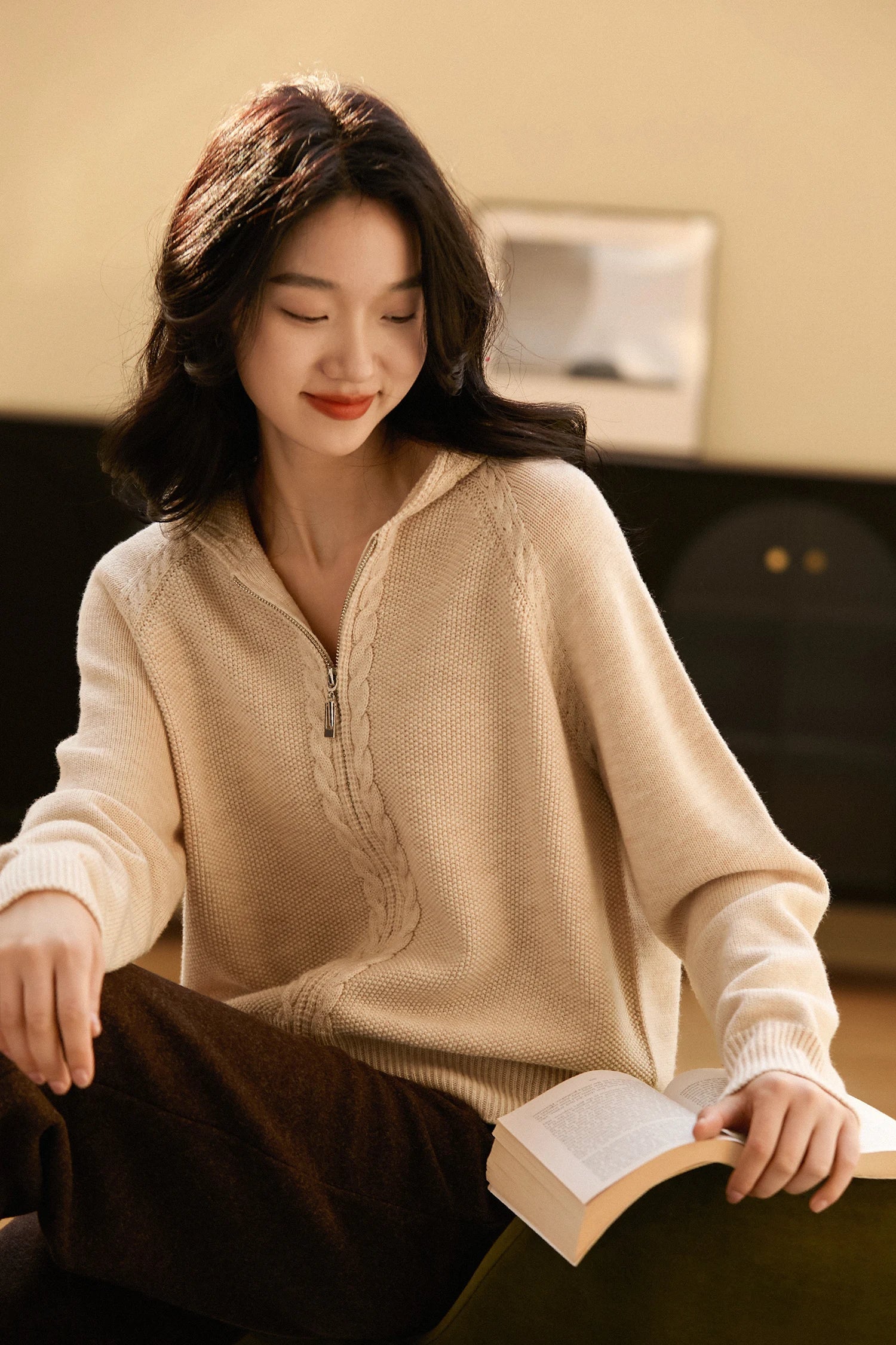 Ursula | Hooded Open Front Cable Trim Cashmere Cardigan - View 12