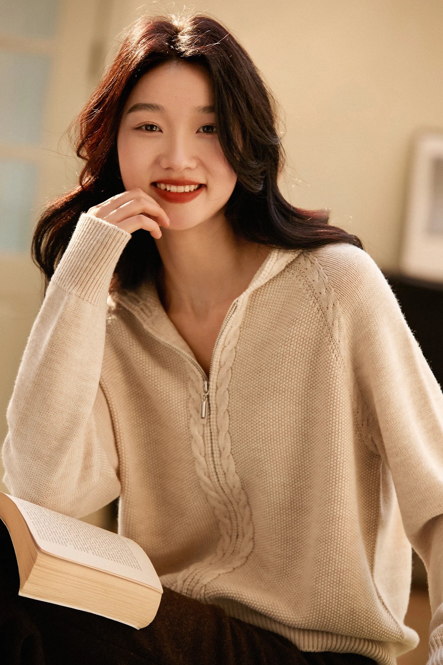 Ursula | Hooded Open Front Cable Trim Cashmere Cardigan - View 16