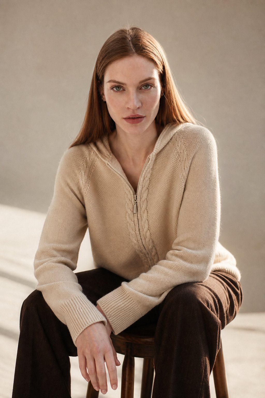 Ursula | Hooded Open Front Cable Trim Cashmere Cardigan - View 3