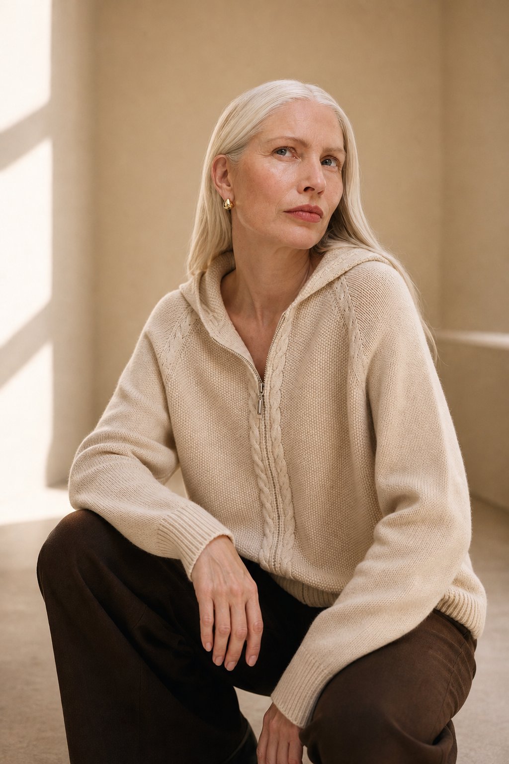 Ursula | Hooded Open Front Cable Trim Cashmere Cardigan - View 4