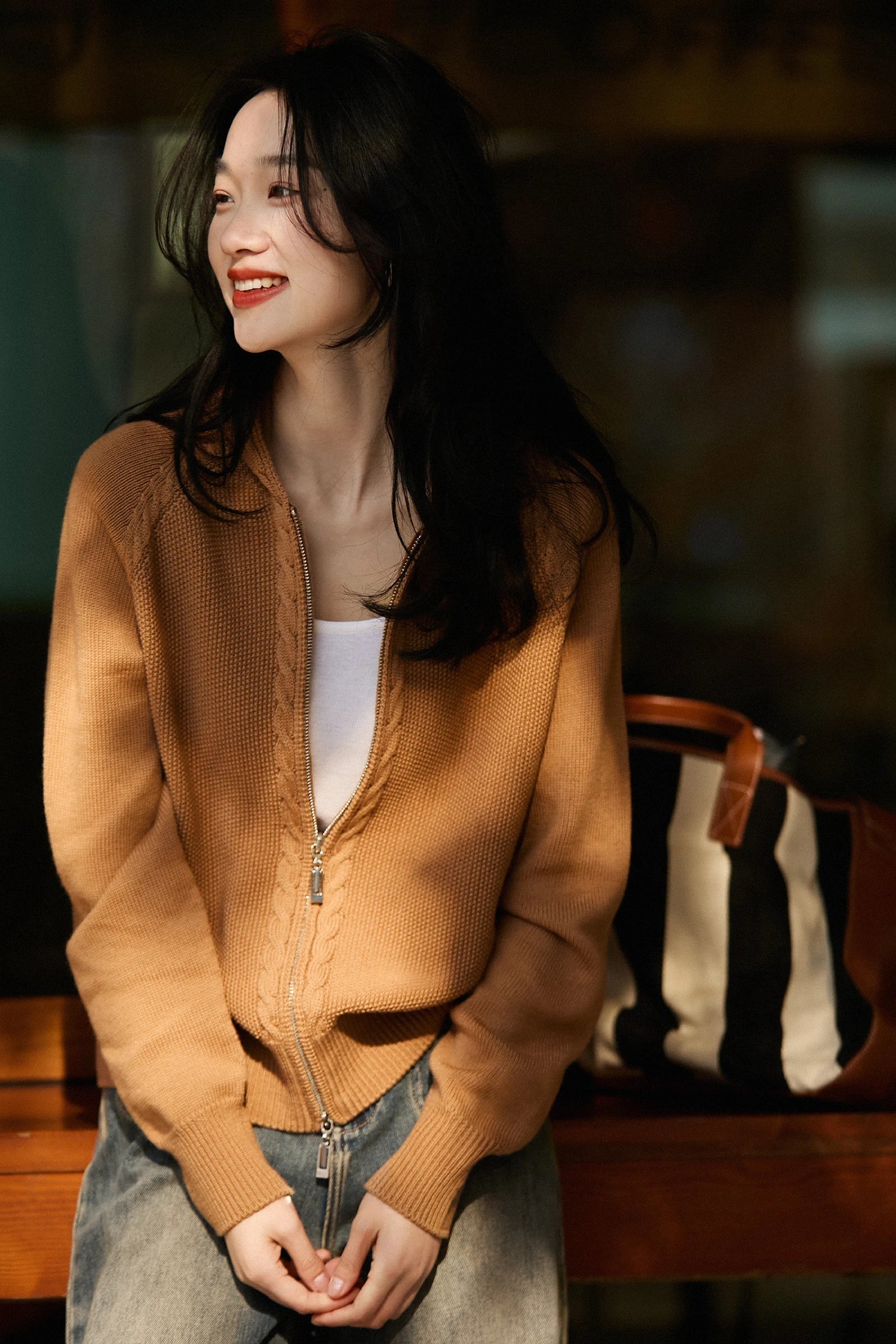 Ursula | Hooded Open Front Cable Trim Cashmere Cardigan - View 6