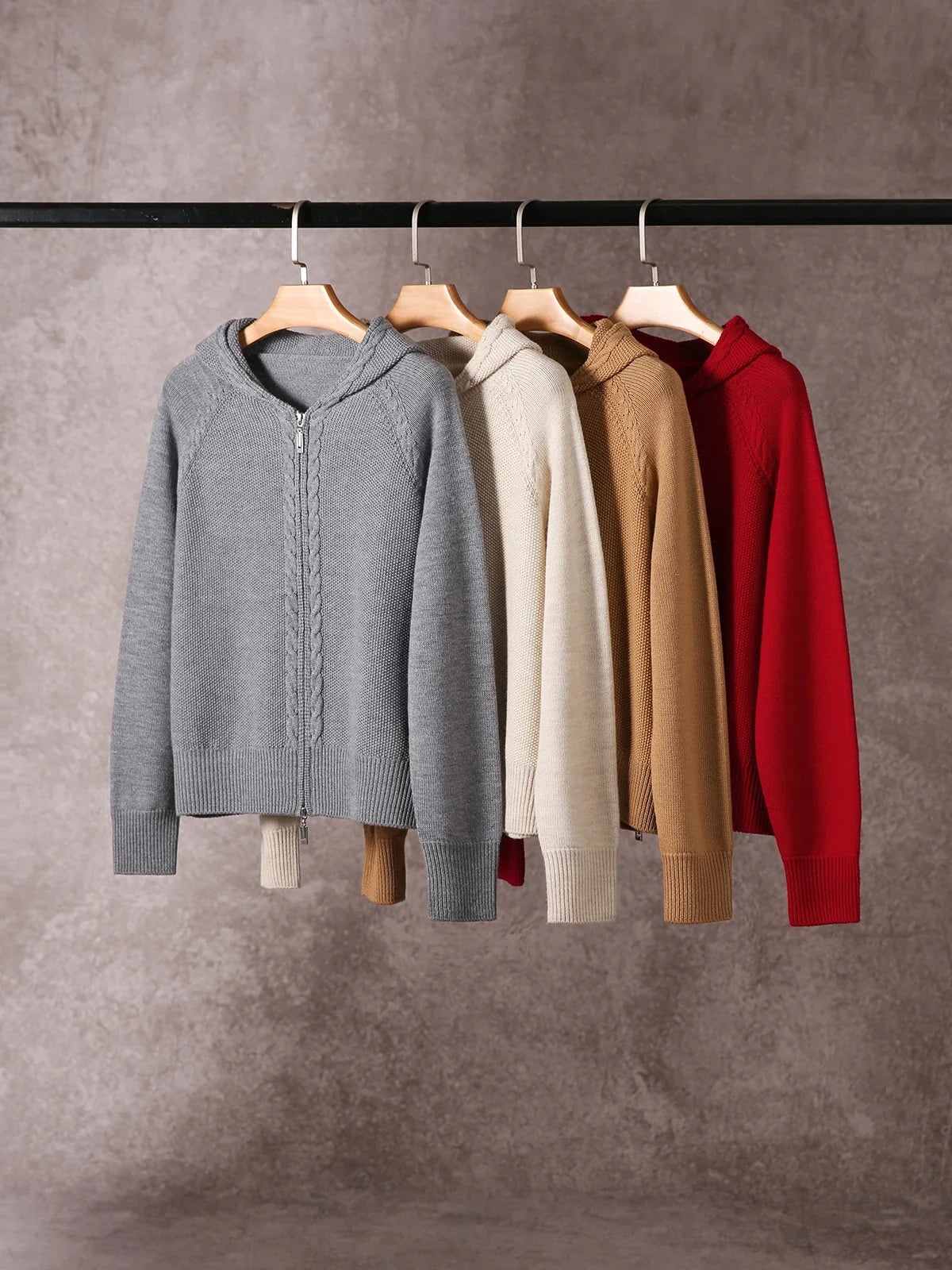 Ursula | Hooded Open Front Cable Trim Cashmere Cardigan - View 8