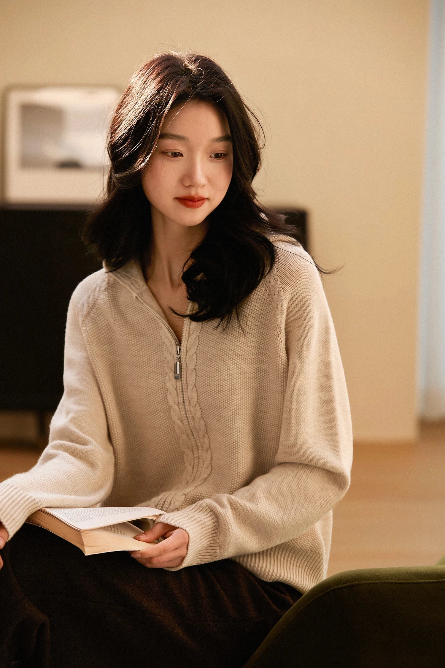 Ursula | Hooded Open Front Cable Trim Cashmere Cardigan - View 9