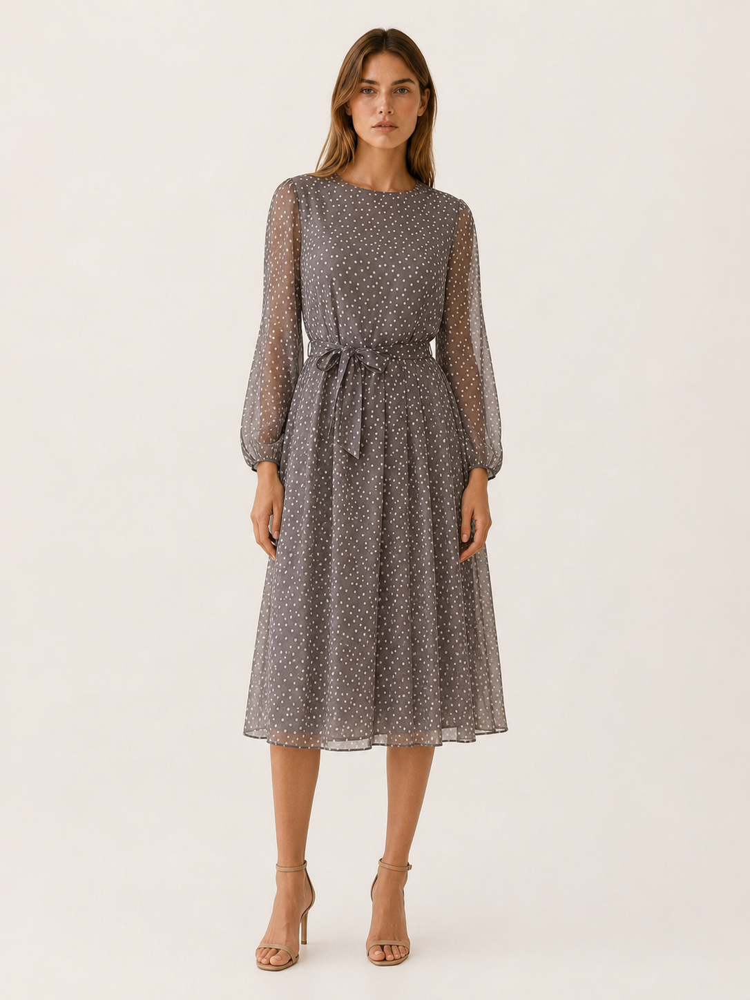 Valentina | Sheer Polka Dot Tie Waist Pleated Midi Dress