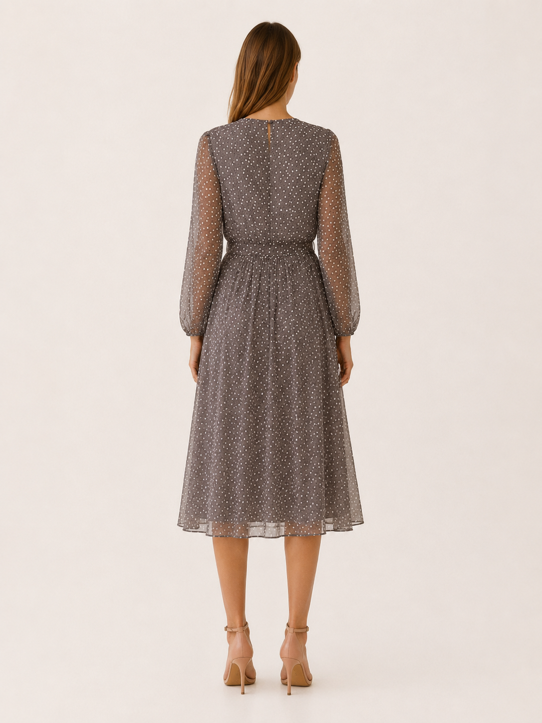 Valentina | Sheer Polka Dot Tie Waist Pleated Midi Dress - View 2