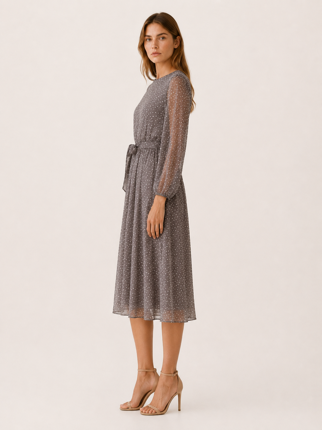Valentina | Sheer Polka Dot Tie Waist Pleated Midi Dress - View 3