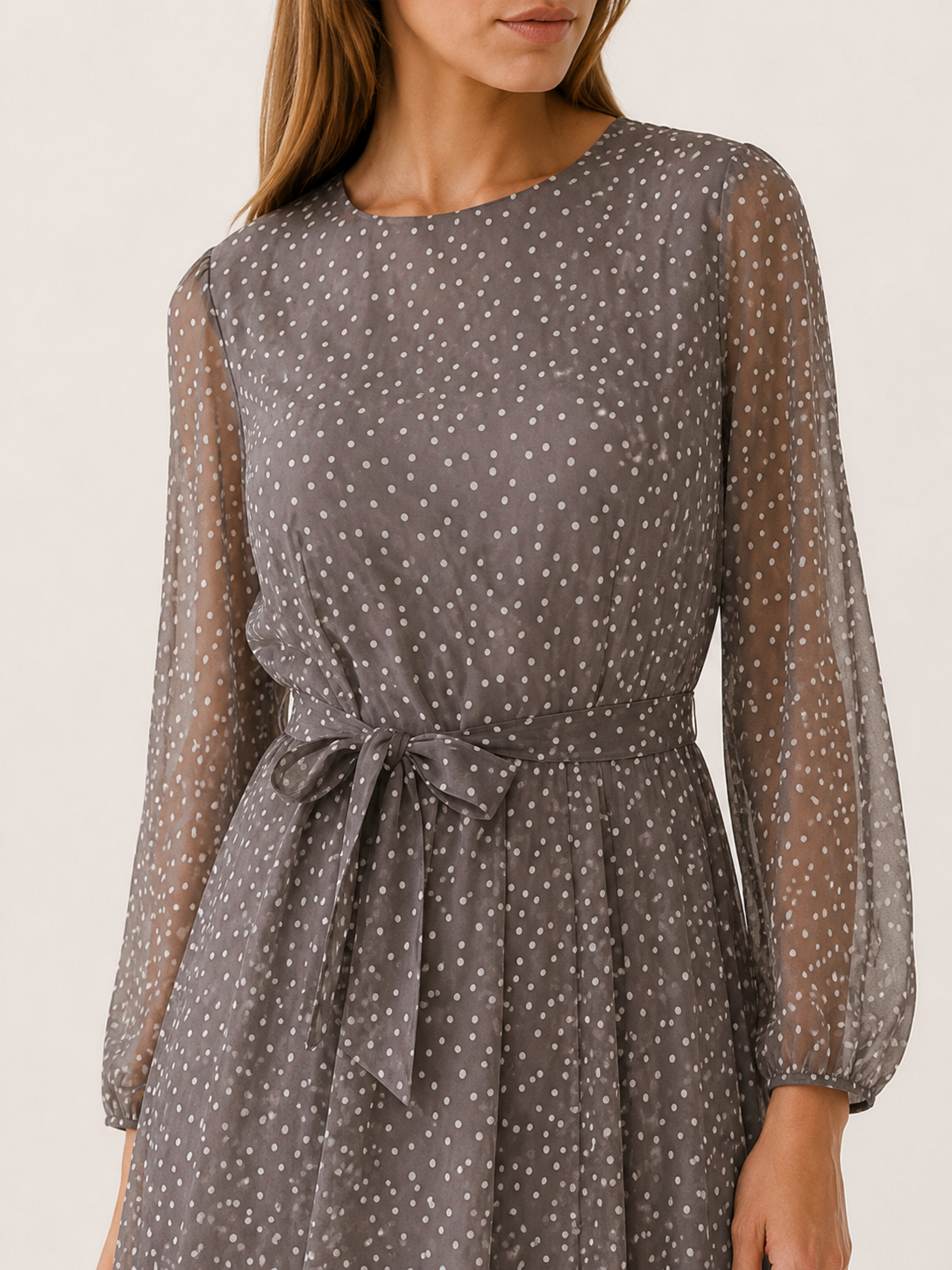 Valentina | Sheer Polka Dot Tie Waist Pleated Midi Dress - View 4