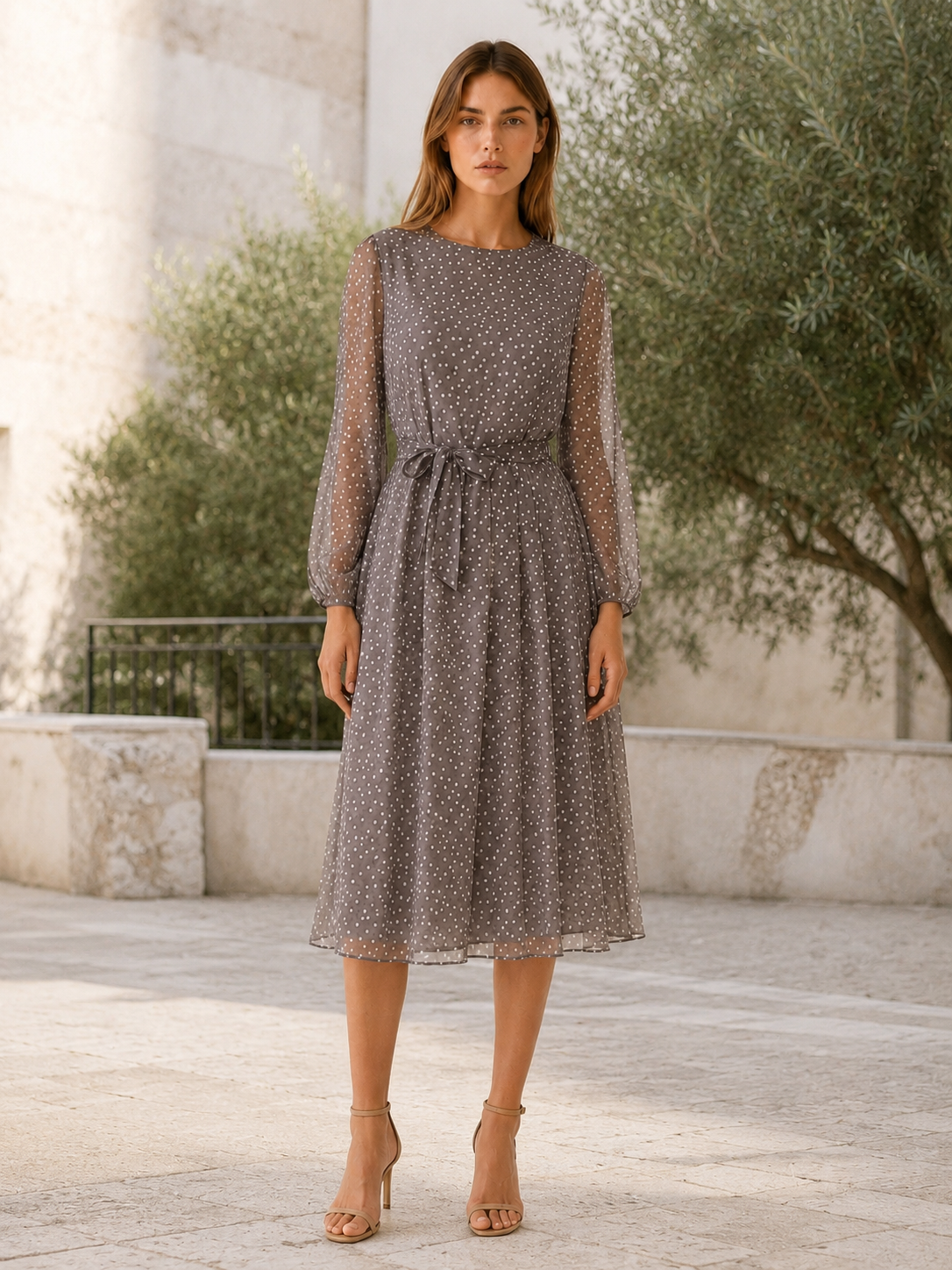 Valentina | Sheer Polka Dot Tie Waist Pleated Midi Dress - View 5
