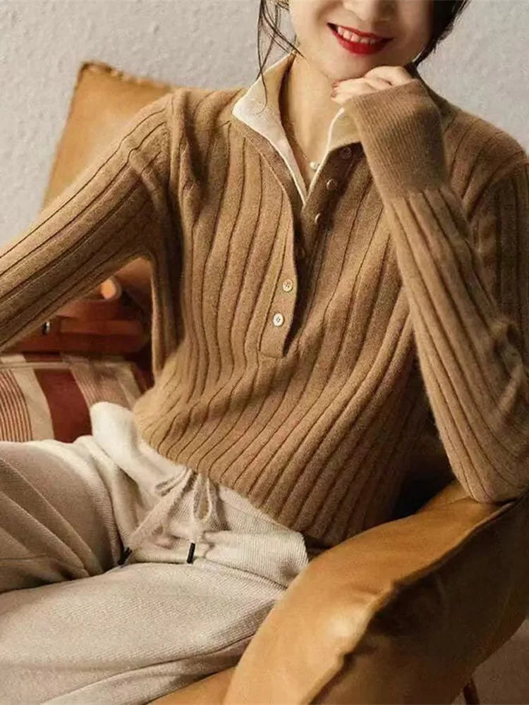 Verity | Fitted Long Sleeve Ribbed Wool Knit Polo Sweater - View 10