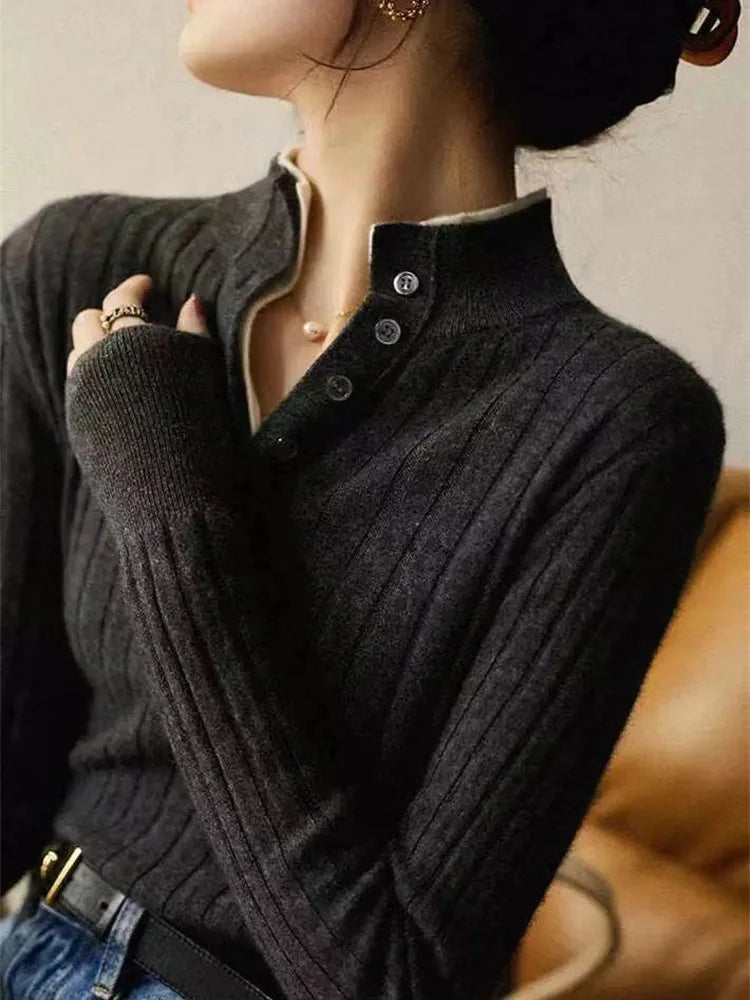 Verity | Fitted Long Sleeve Ribbed Wool Knit Polo Sweater - View 12