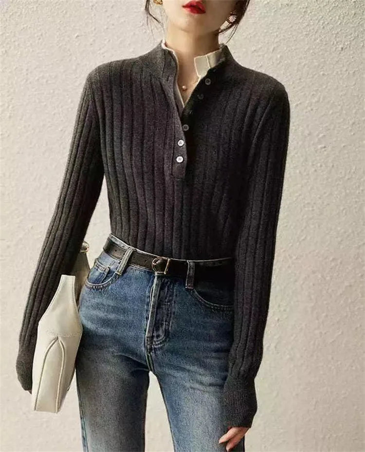 Verity | Fitted Long Sleeve Ribbed Wool Knit Polo Sweater - View 13