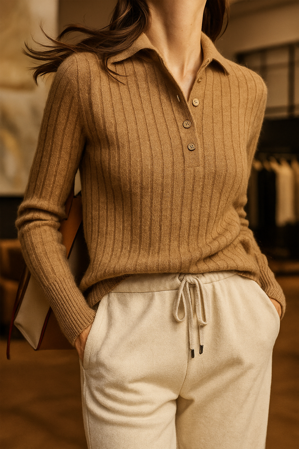 Verity | Fitted Long Sleeve Ribbed Wool Knit Polo Sweater - View 5
