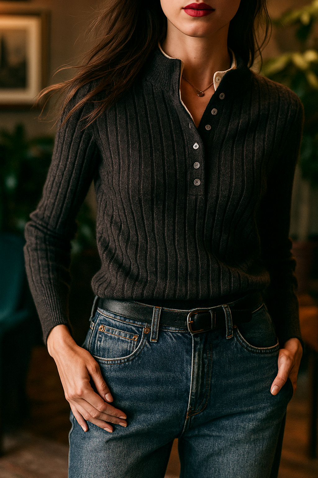 Verity | Fitted Long Sleeve Ribbed Wool Knit Polo Sweater - View 8