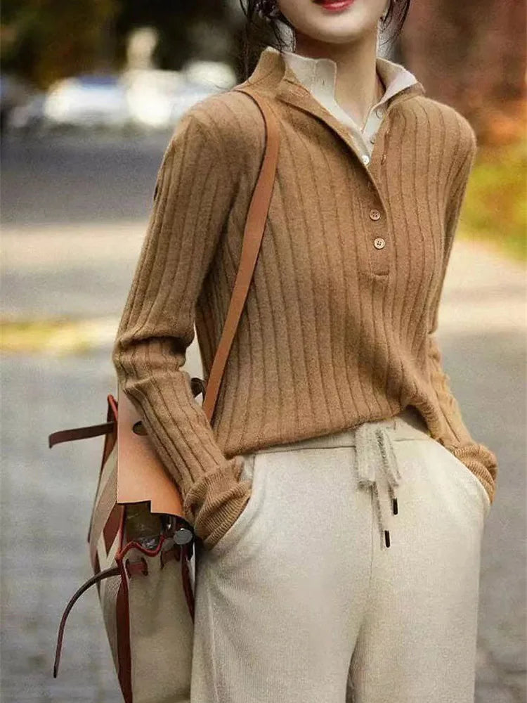 Verity | Fitted Long Sleeve Ribbed Wool Knit Polo Sweater - View 9