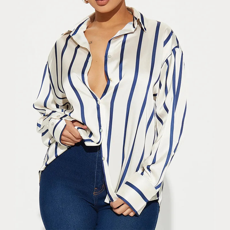 Vivienne | Satin Stripe Oversized Button Front Shirt - View 10