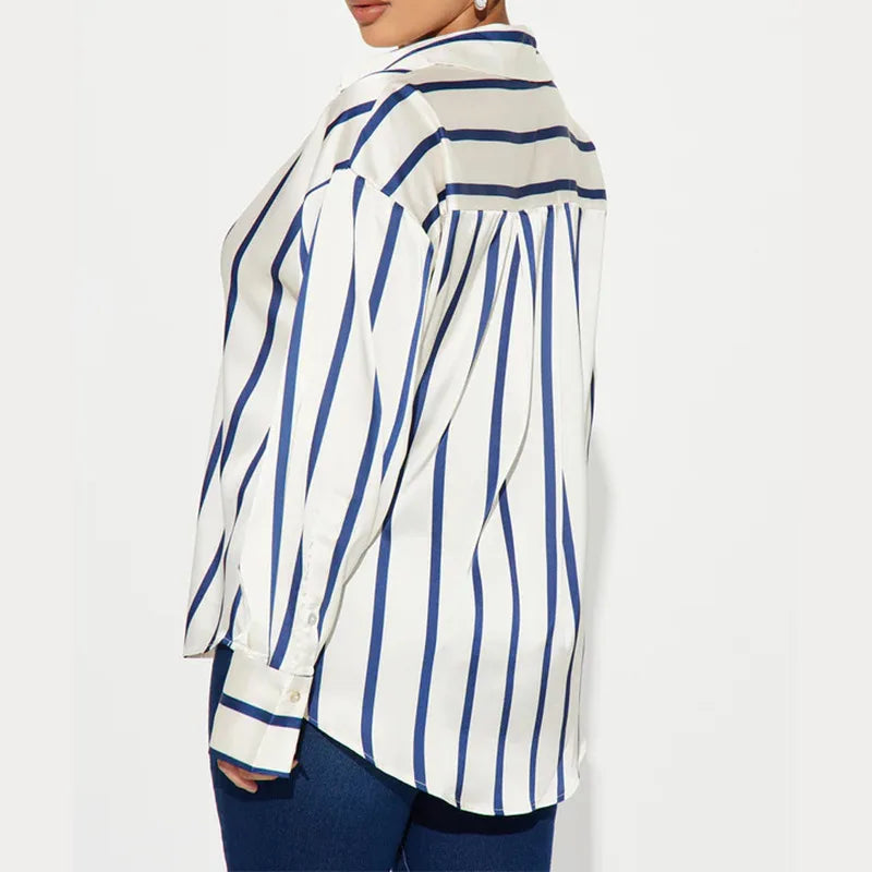 Vivienne | Satin Stripe Oversized Button Front Shirt - View 11