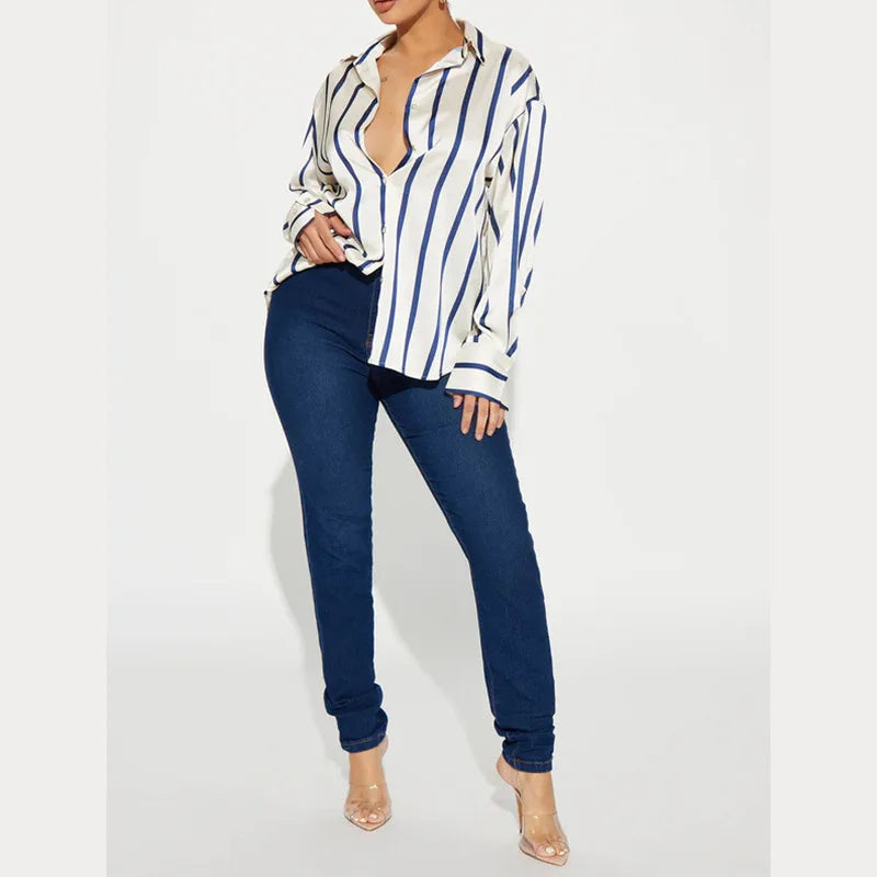 Vivienne | Satin Stripe Oversized Button Front Shirt - View 12