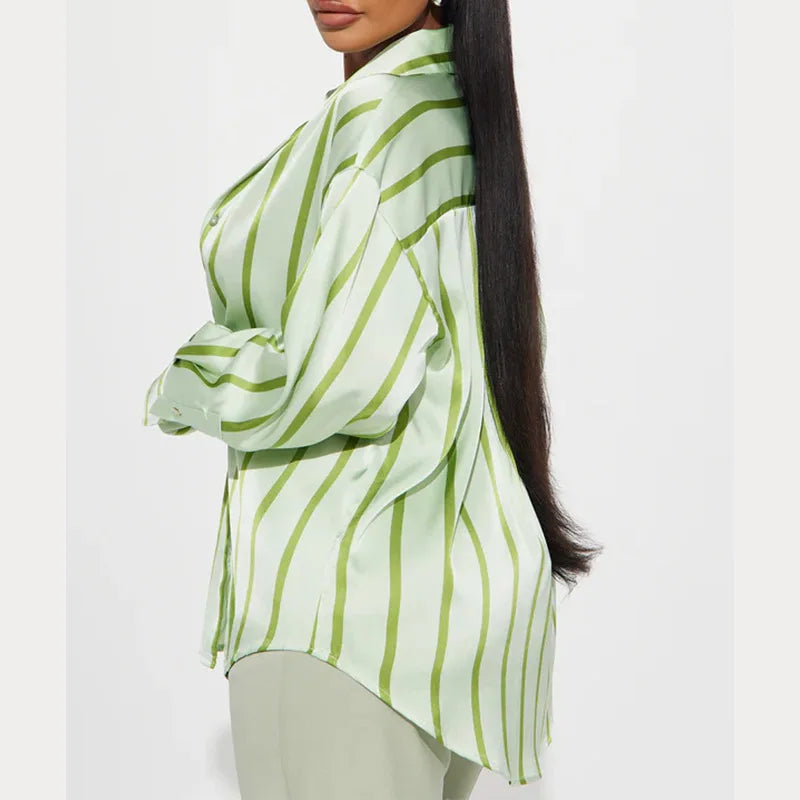 Vivienne | Satin Stripe Oversized Button Front Shirt - View 14