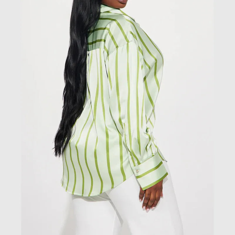 Vivienne | Satin Stripe Oversized Button Front Shirt - View 17