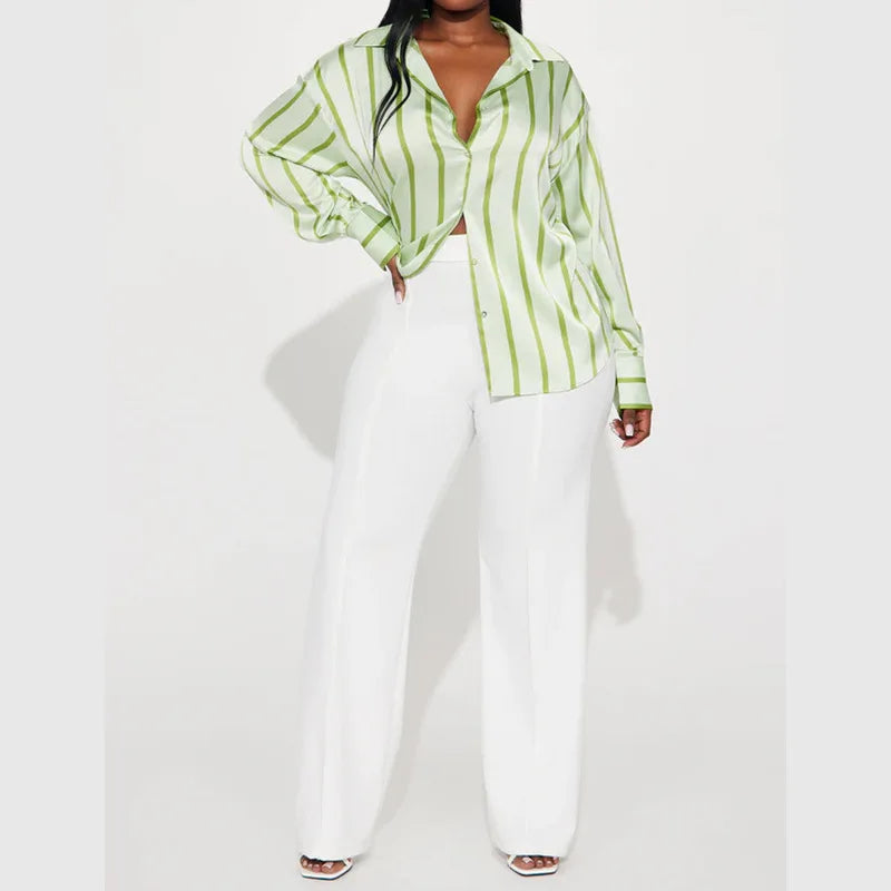 Vivienne | Satin Stripe Oversized Button Front Shirt - View 18
