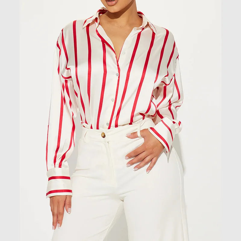 Vivienne | Satin Stripe Oversized Button Front Shirt - View 19