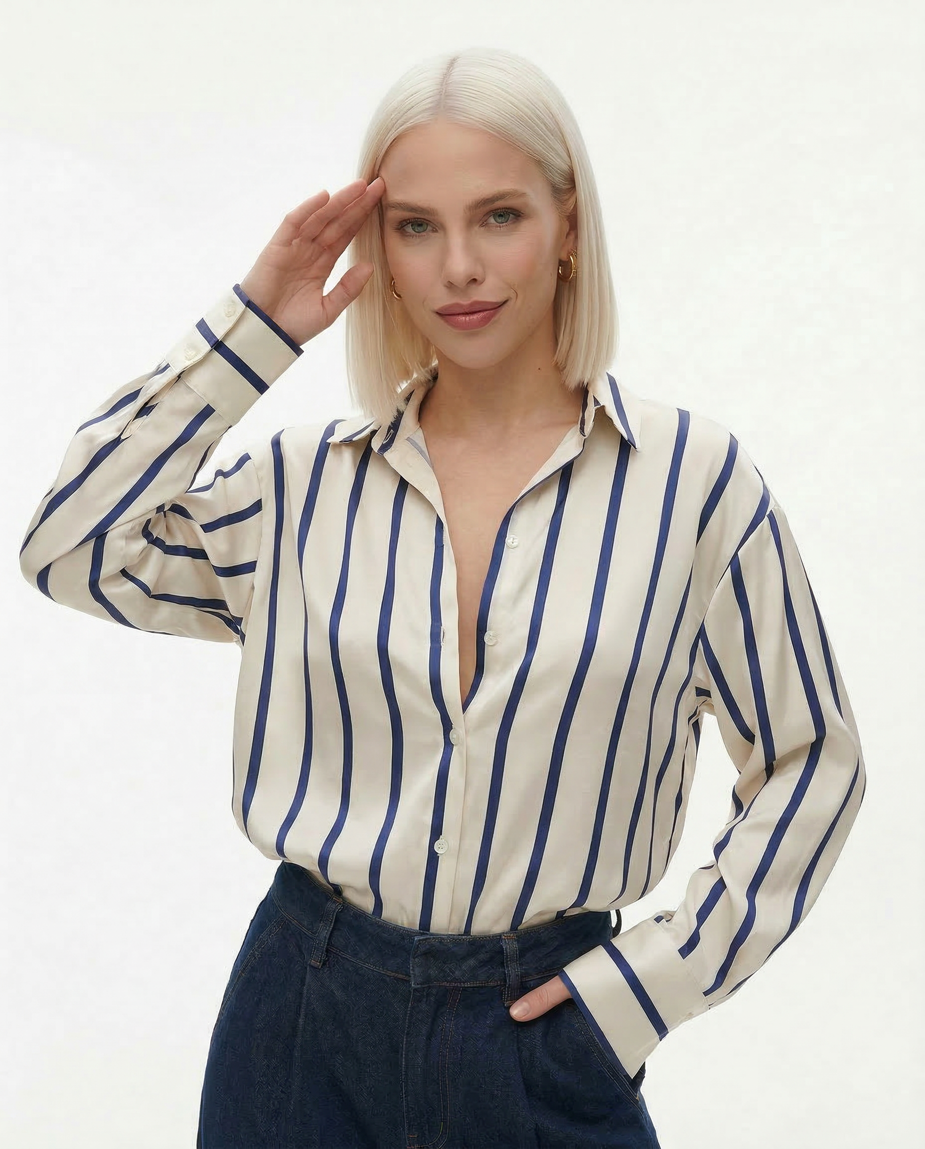 Vivienne | Satin Stripe Oversized Button Front Shirt - View 2