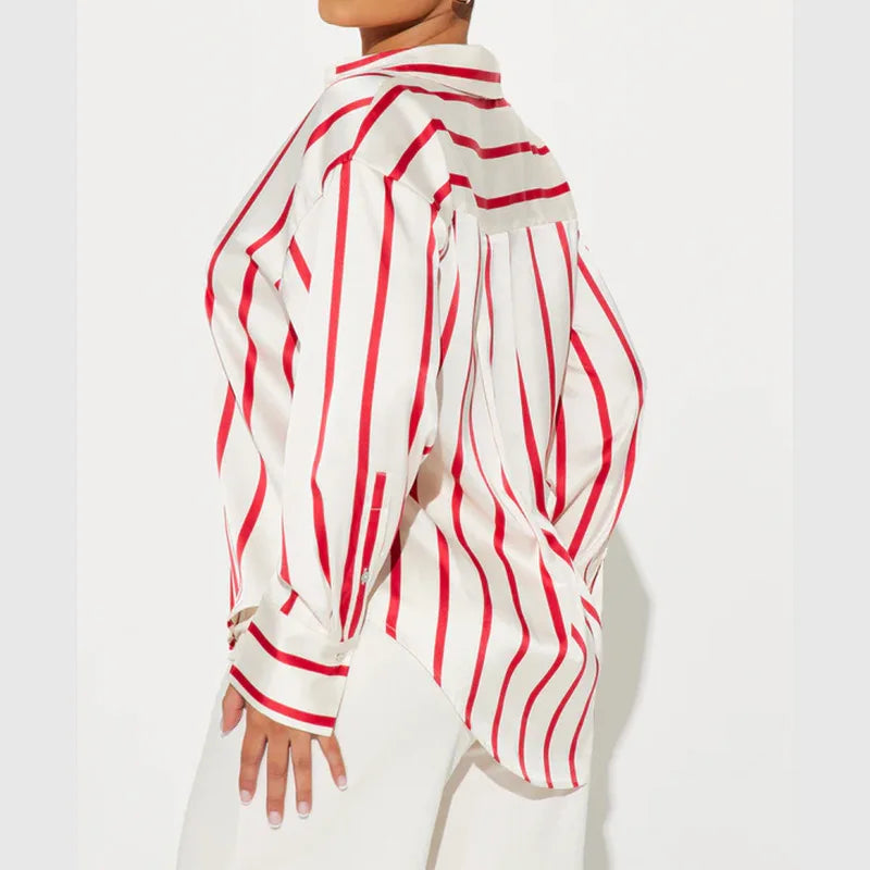 Vivienne | Satin Stripe Oversized Button Front Shirt - View 20