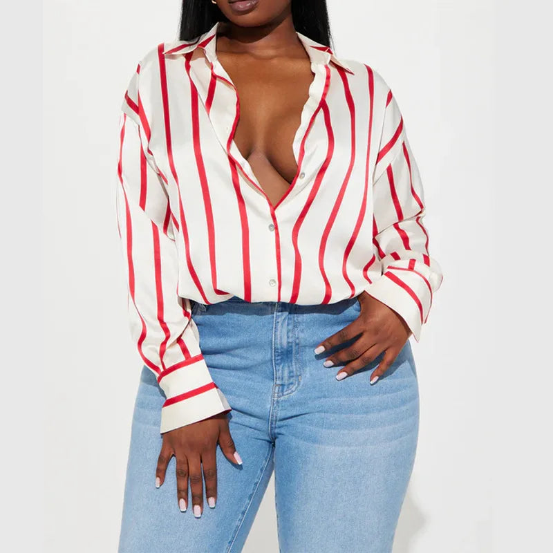 Vivienne | Satin Stripe Oversized Button Front Shirt - View 22