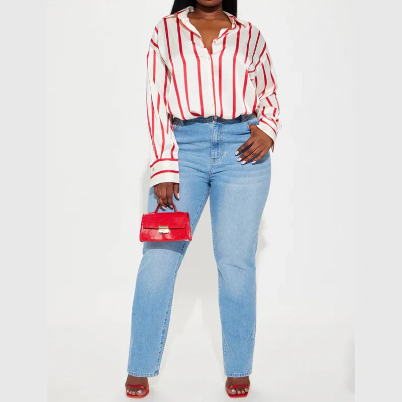 Vivienne | Satin Stripe Oversized Button Front Shirt - View 24