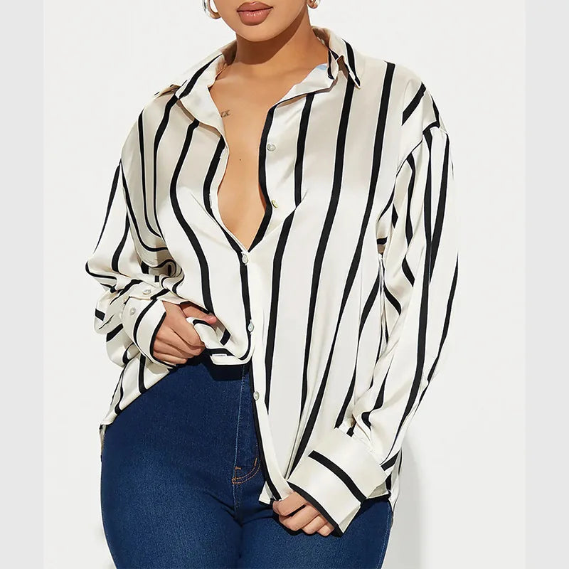 Vivienne | Satin Stripe Oversized Button Front Shirt - View 25