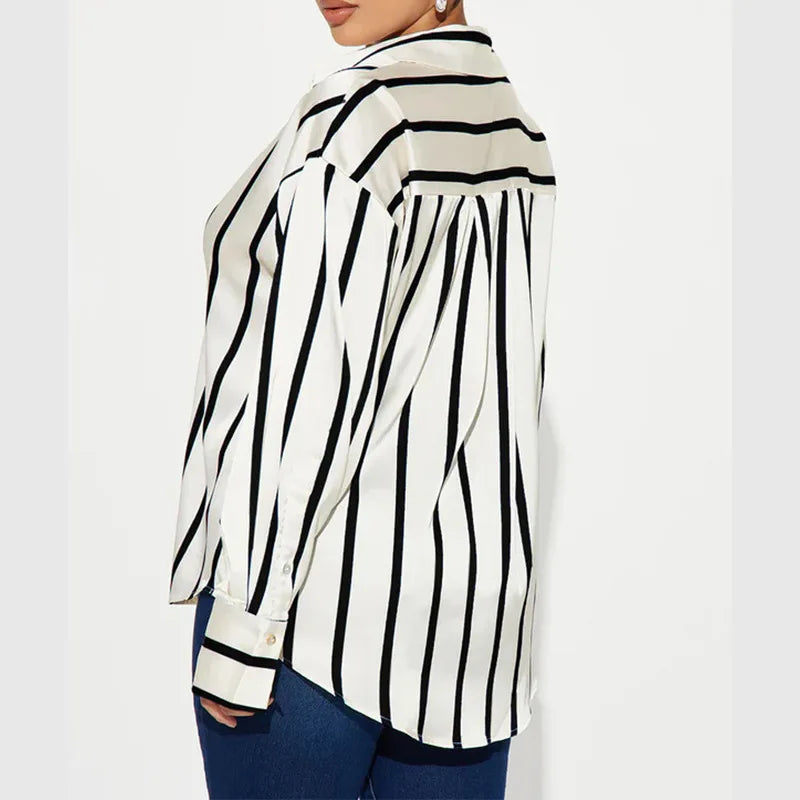Vivienne | Satin Stripe Oversized Button Front Shirt - View 26