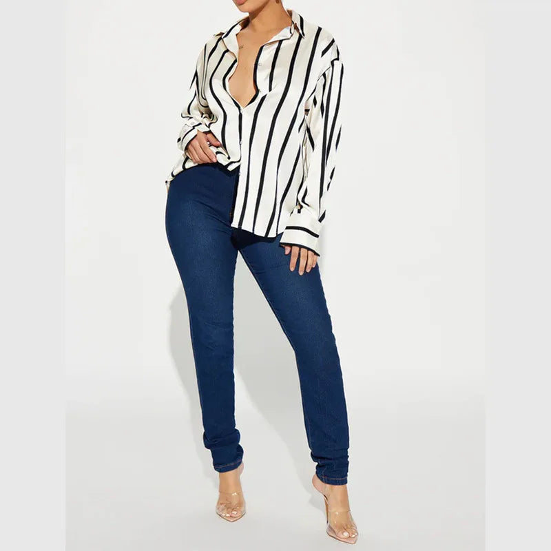 Vivienne | Satin Stripe Oversized Button Front Shirt - View 27