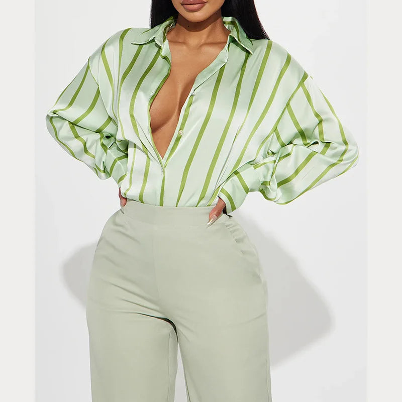 Vivienne | Satin Stripe Oversized Button Front Shirt - View 29