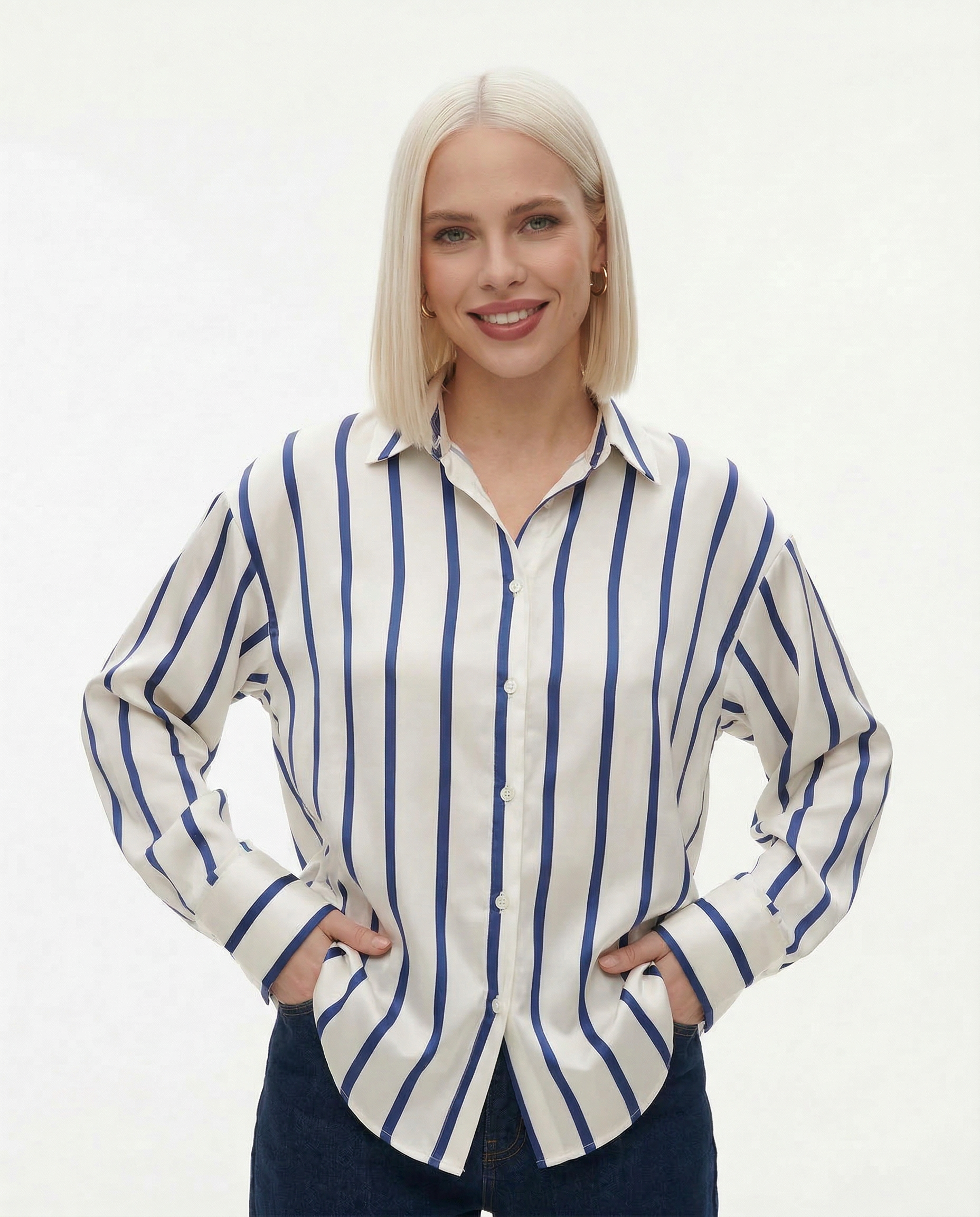 Vivienne | Satin Stripe Oversized Button Front Shirt - View 3